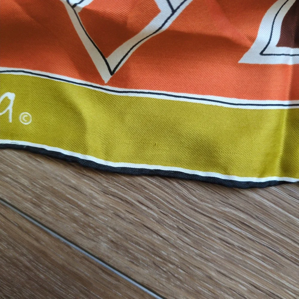 Vtg Vera Neumann Geometric Silk Scarf Retro Yellow Orange Brown Logo MCM Modern